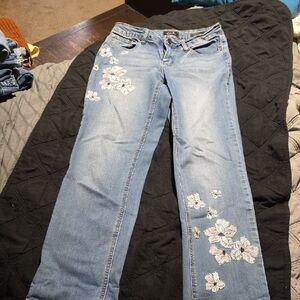 Earl Jeans Light Blue Straight Leg Jeans with White Floral Embroidery